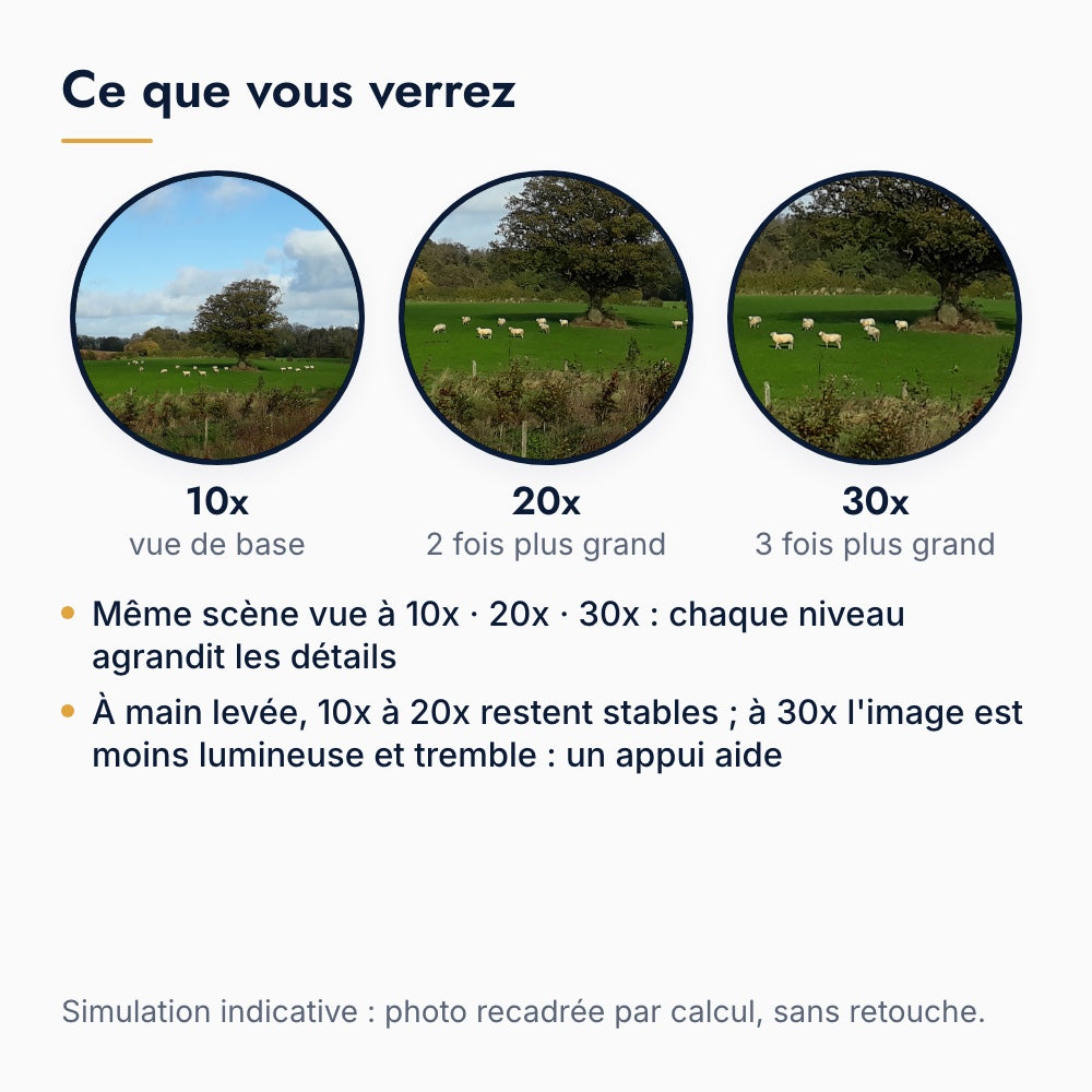 Ce que l'on voit avec un monoculaire zoom : un paysage à 10x, 20x et 30x, simulation par recadrage
