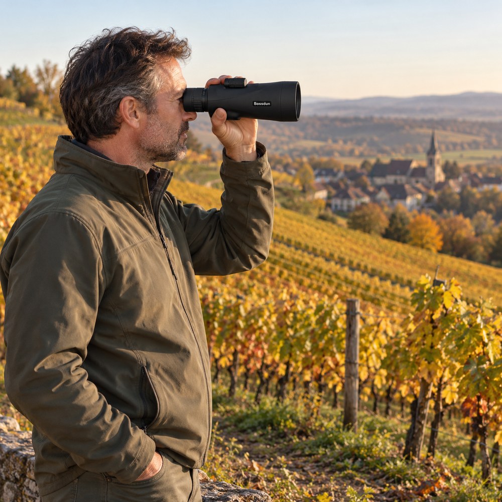 Un homme observe un village depuis un vignoble en automne avec le monoculaire zoom 10-30x50