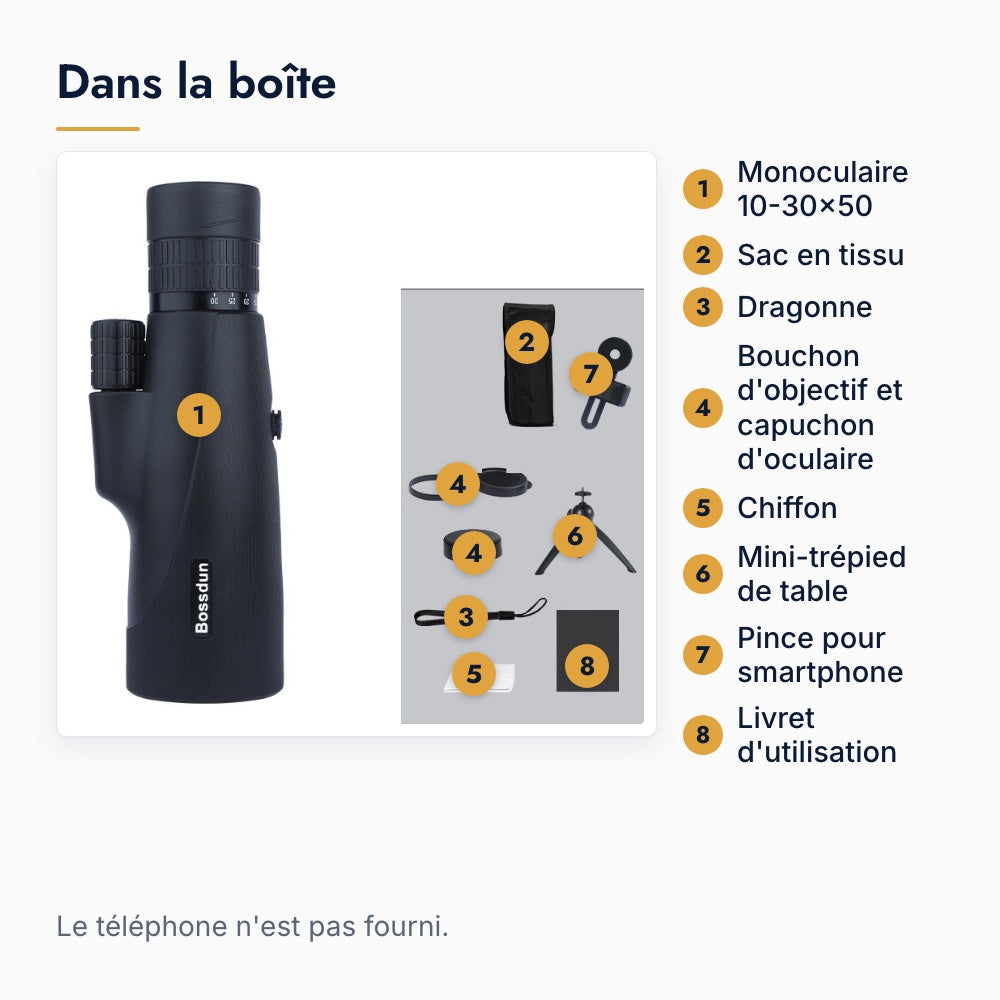 Contenu de la boîte du monoculaire zoom 10-30x50 : monoculaire, sac en tissu, dragonne, bouchon d'objectif et capuchon d'oculaire, chiffon, mini-trépied de table, pince pour smartphone et livret d'utilisation. Le téléphone n'est pas fourni.