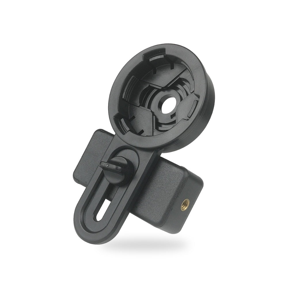 Support smartphone noir avec sa bague à trois mâchoires, son étrier à longue fente et sa pince réglable, vu de trois quarts sur fond blanc