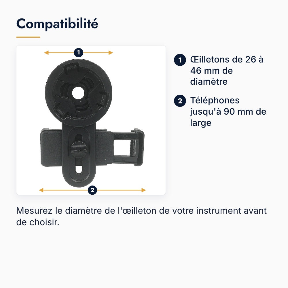 Compatibilité du support smartphone : œilletons de 26 à 46 mm de diamètre, téléphones jusqu'à 90 mm de large