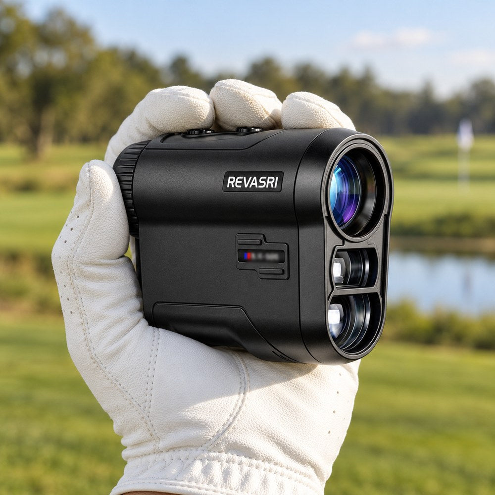 Une main gantée de blanc tient le télémètre laser de golf, parcours et drapeau flous en arrière-plan