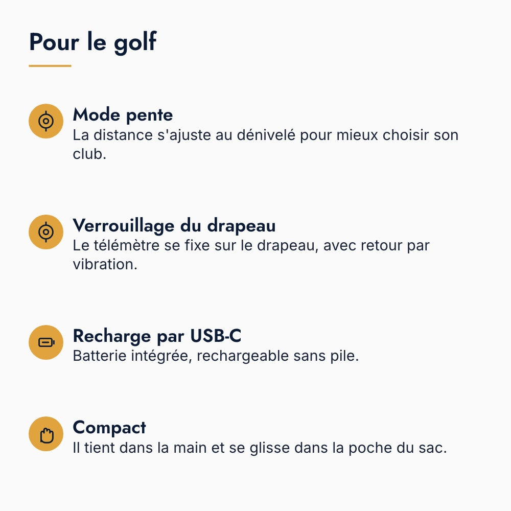 Pour le golf : mode pente, verrouillage du drapeau avec vibration, recharge par USB-C et format compact du télémètre