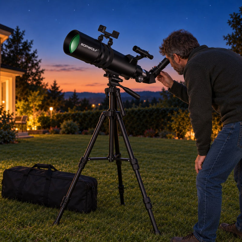 Un observateur regarde dans le télescope 90/600 noir sur son trépied, un sac de transport posé sur la pelouse au crépuscule