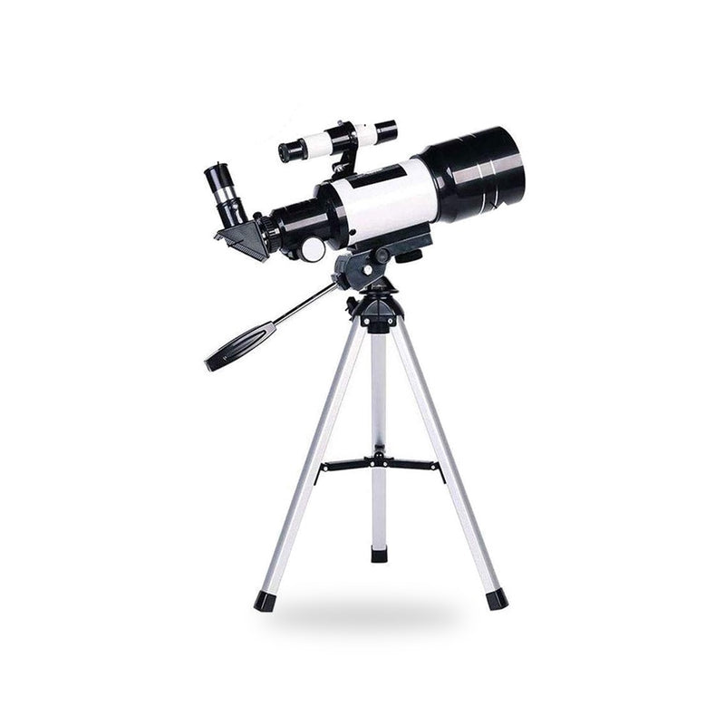 Télescope 70/300, version standard : tube blanc, pare-buée noir, chercheur et trépied court en aluminium, sur fond blanc