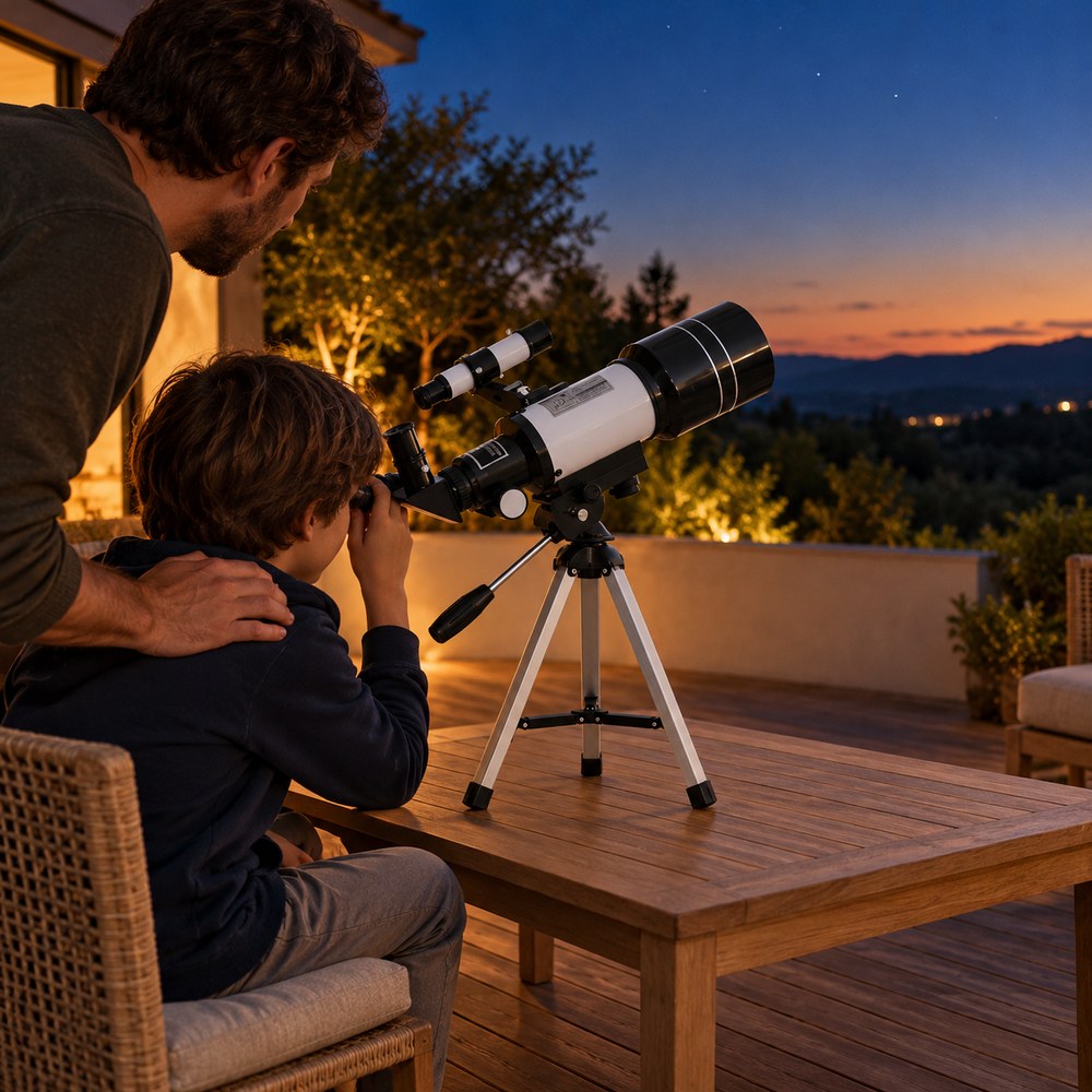 Un parent et un enfant observent le ciel au crépuscule avec le télescope 70/300 posé sur une table basse de terrasse