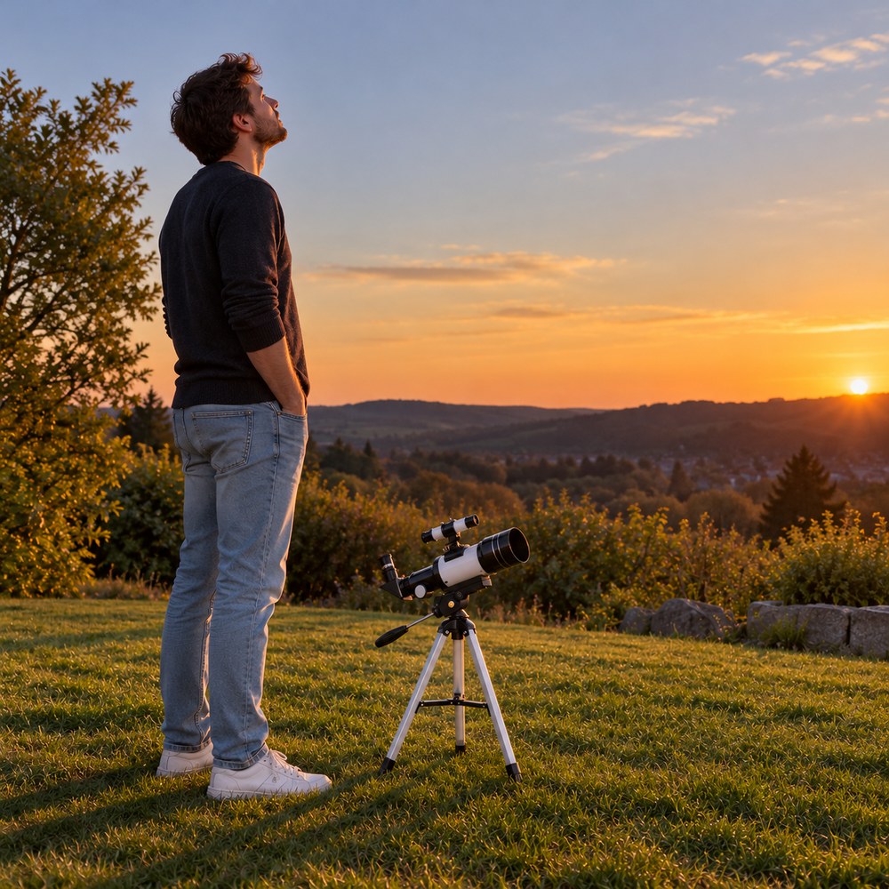 Un adulte debout à côté du télescope 70/300 sur son trépied court, posé sur la pelouse : le télescope lui arrive à mi-cuisse