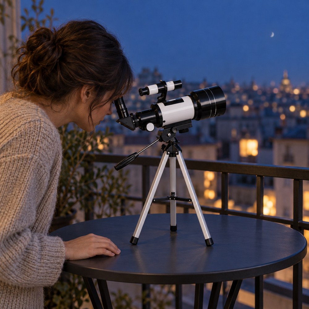 Une femme observe le ciel de l'heure bleue depuis un balcon en ville avec le télescope 70/300 sur son trépied court, posé sur une table