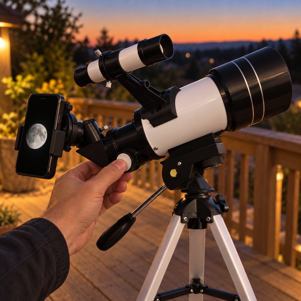 Un smartphone fixé sur l'oculaire du télescope 70/300 par le support à pince affiche la Lune