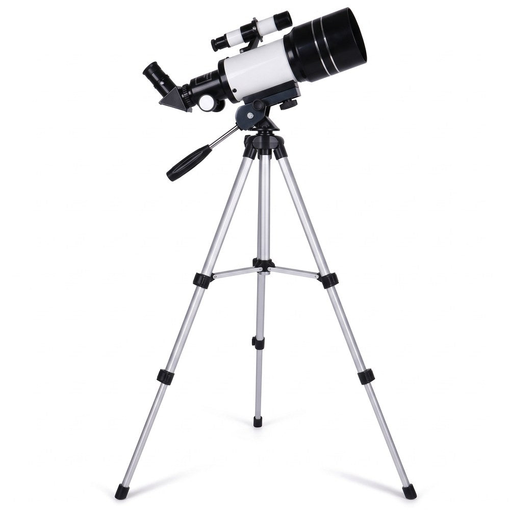 Télescope 70/300, version haute, sur son trépied en aluminium d'environ 1,40 m, fond blanc