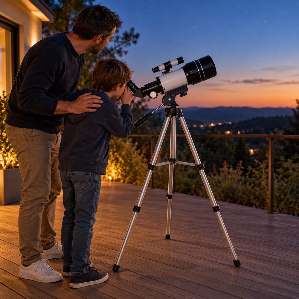 Un parent et un enfant debout observent le ciel au crépuscule avec le télescope 70/300 sur son trépied haut, sur une terrasse en bois