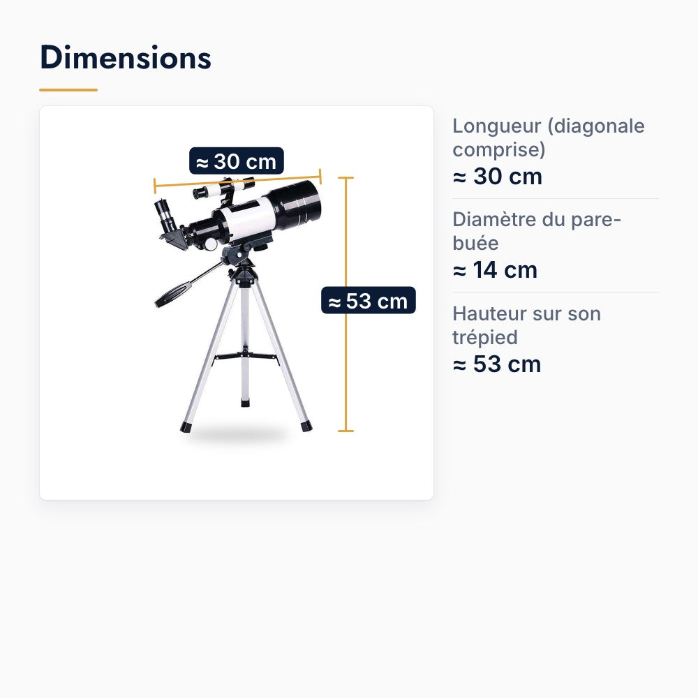 Dimensions du télescope 70/300 sur son trépied standard : tube d'environ 30 cm, pare-buée d'environ 14 cm, hauteur d'environ 53 cm