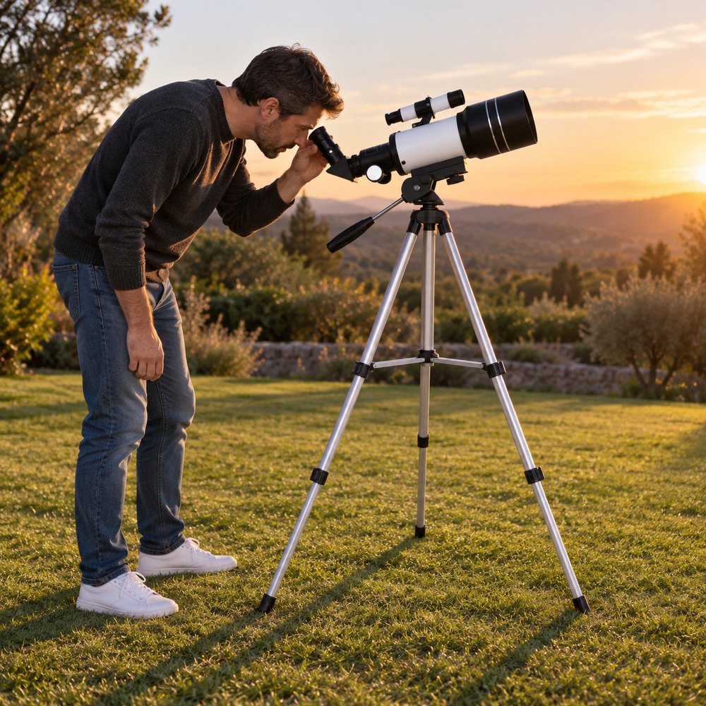 Un homme debout, légèrement penché, regarde dans le télescope 70/300 sur trépied haut, sur la pelouse au coucher du soleil
