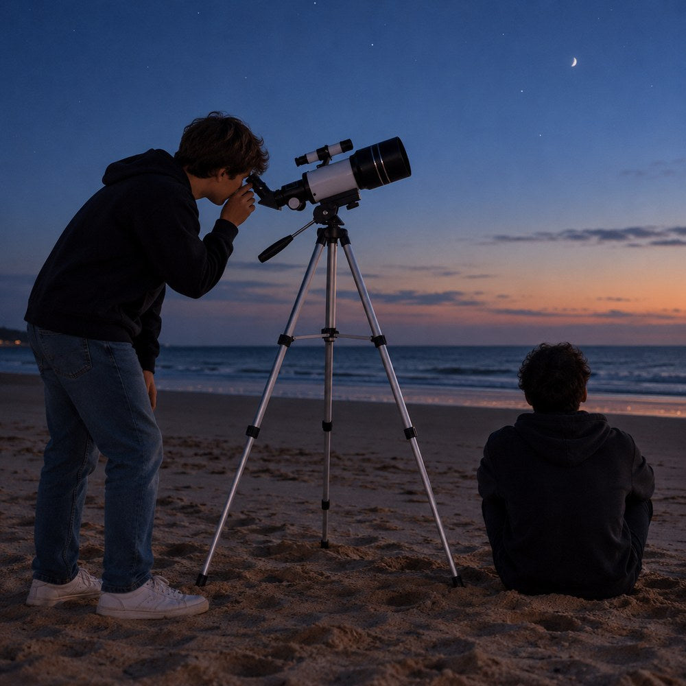 Un jeune homme regarde dans le télescope 70/300 sur son trépied haut, sur une plage à la nuit tombante, une Lune pâle dans le ciel