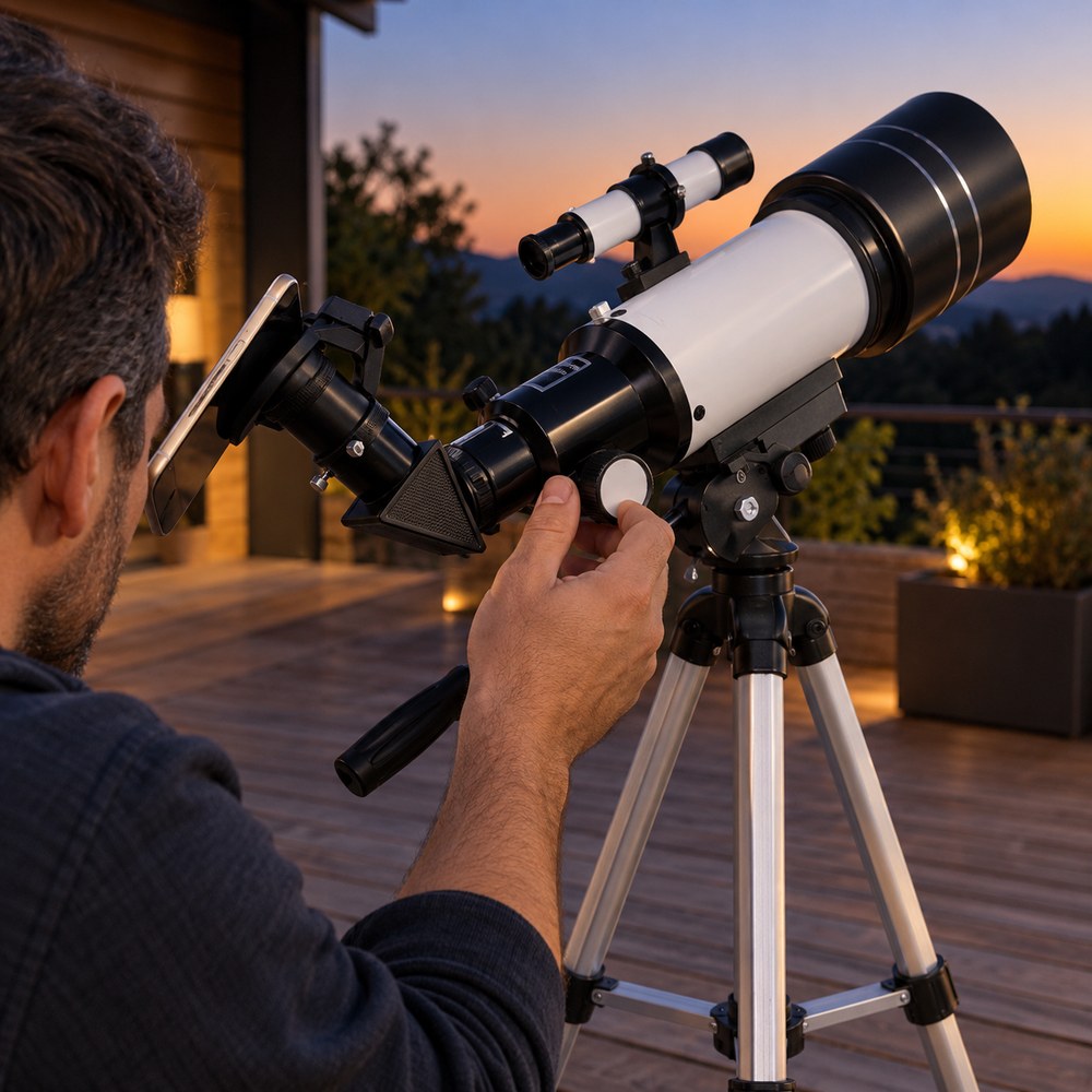 Un homme règle la mise au point du télescope 70/300 avec un smartphone fixé à l'oculaire par le support à pince