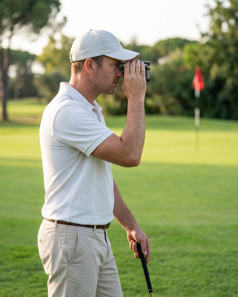 Un golfeur vise le drapeau avec un télémètre laser compact sur un green
