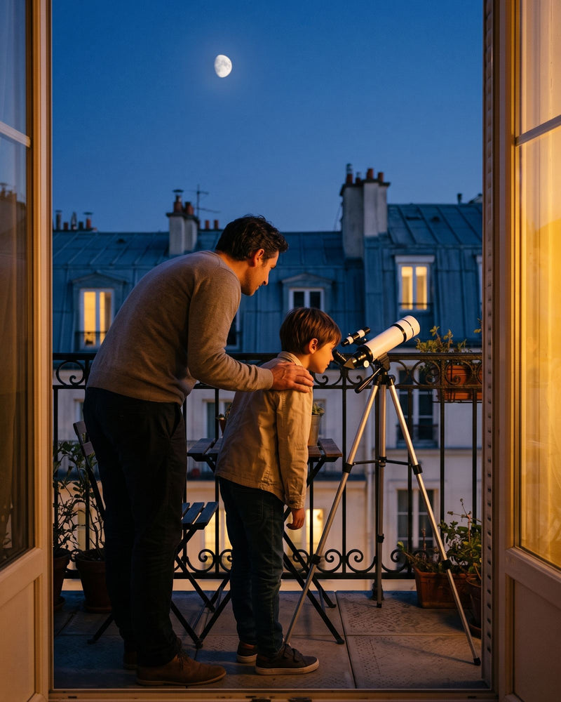 Un parent et un enfant regardent la Lune dans un petit télescope blanc, sur un balcon
