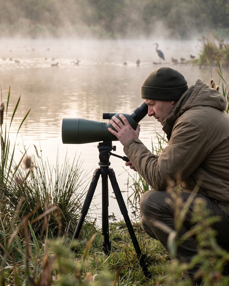 Un observateur accroupi derrière une longue-vue sur trépied, au bord d'un étang au petit matin