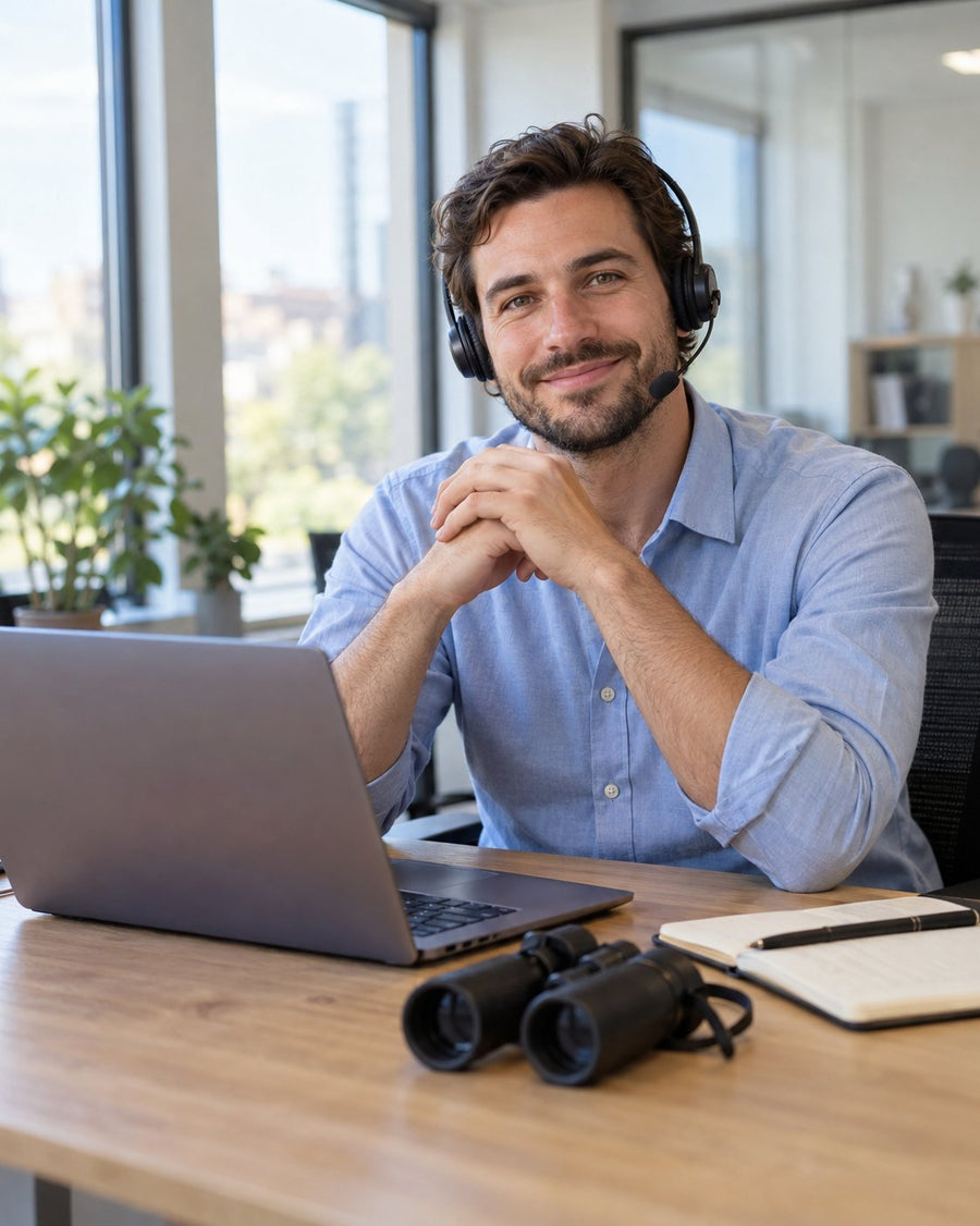 Un conseiller du service client, casque-micro sur les oreilles, devant son ordinateur